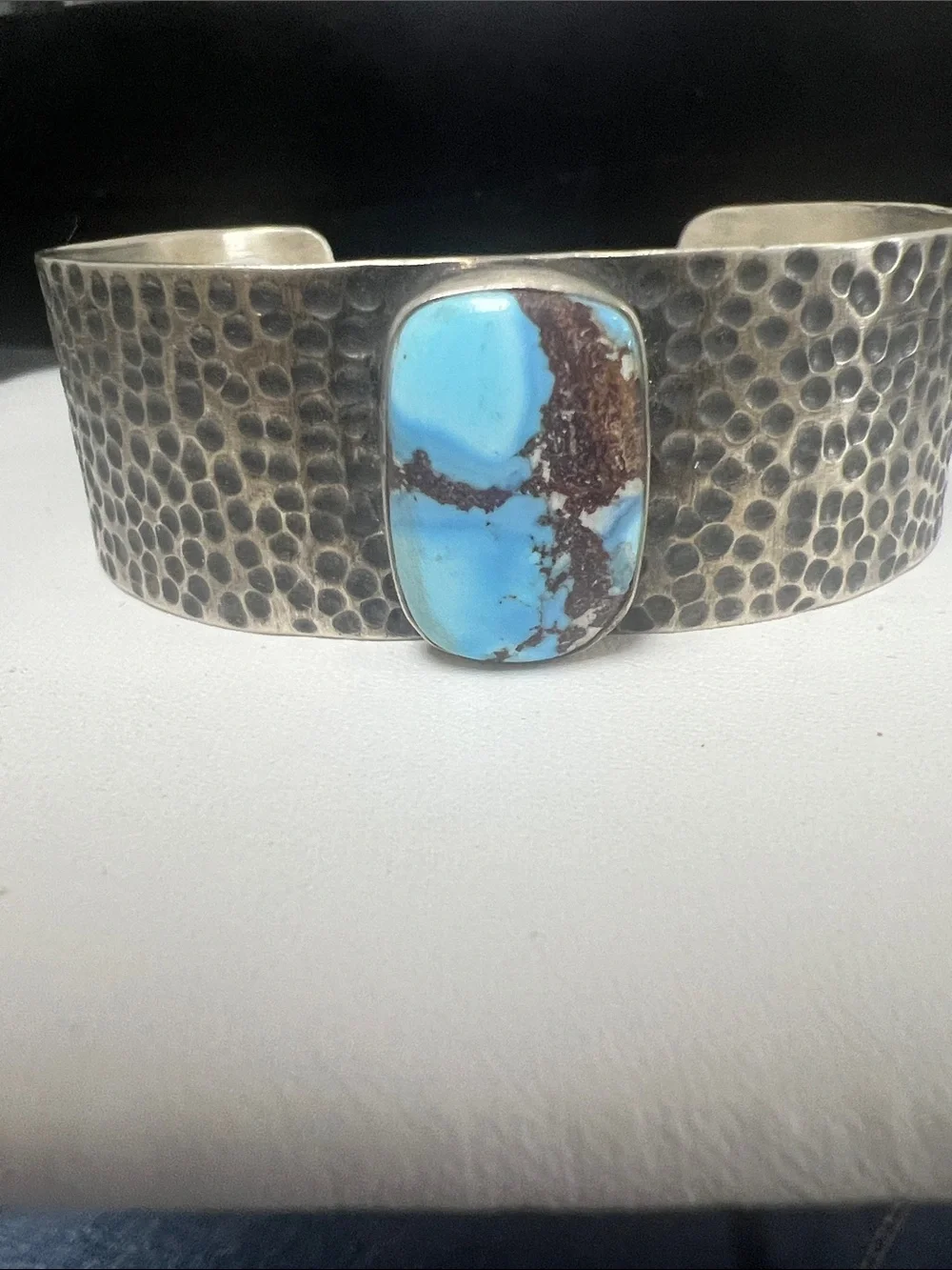 Sterling silver Hammered Cuff Bracelet with golden hills Turquoise Stone - Blue